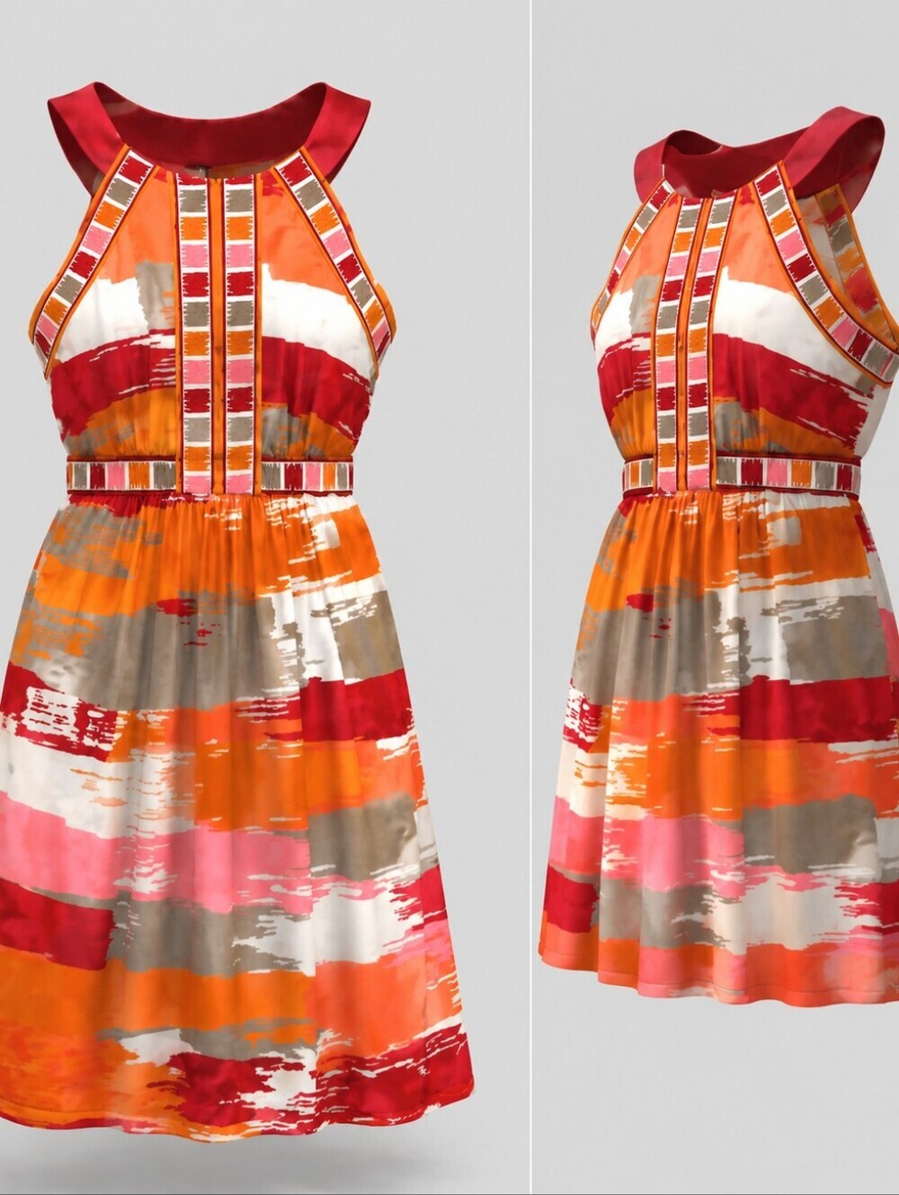 BCBGMaxAzria Pink Orange Abstract Color Block Sleeveless Haulter Neckline Dress